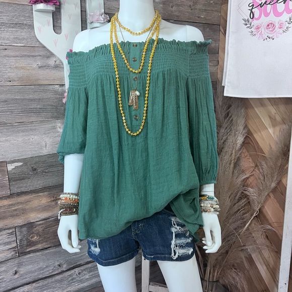 Kori America Smocked Off Shoulder Trapeze Top Button Placket Detail Teal💗 - Picture 2 of 7